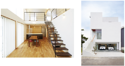 SE構法の実績と利点を紹介する画像。大空間の室内やビルトインガレージの実例を示す。