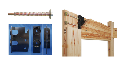 SE構法の特徴を紹介する画像。特殊ボルトや接合金物、構造用集成材の納まりを示す。