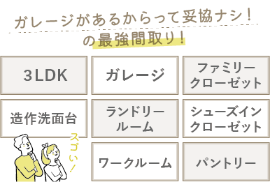 ガレージがあるからって妥協ナシ!の最強間取り!/3LDK+ガレージ+ファミリークローゼット+シューズインクローゼット+ランドリールーム+造作洗面台+パントリー+ワークルーム